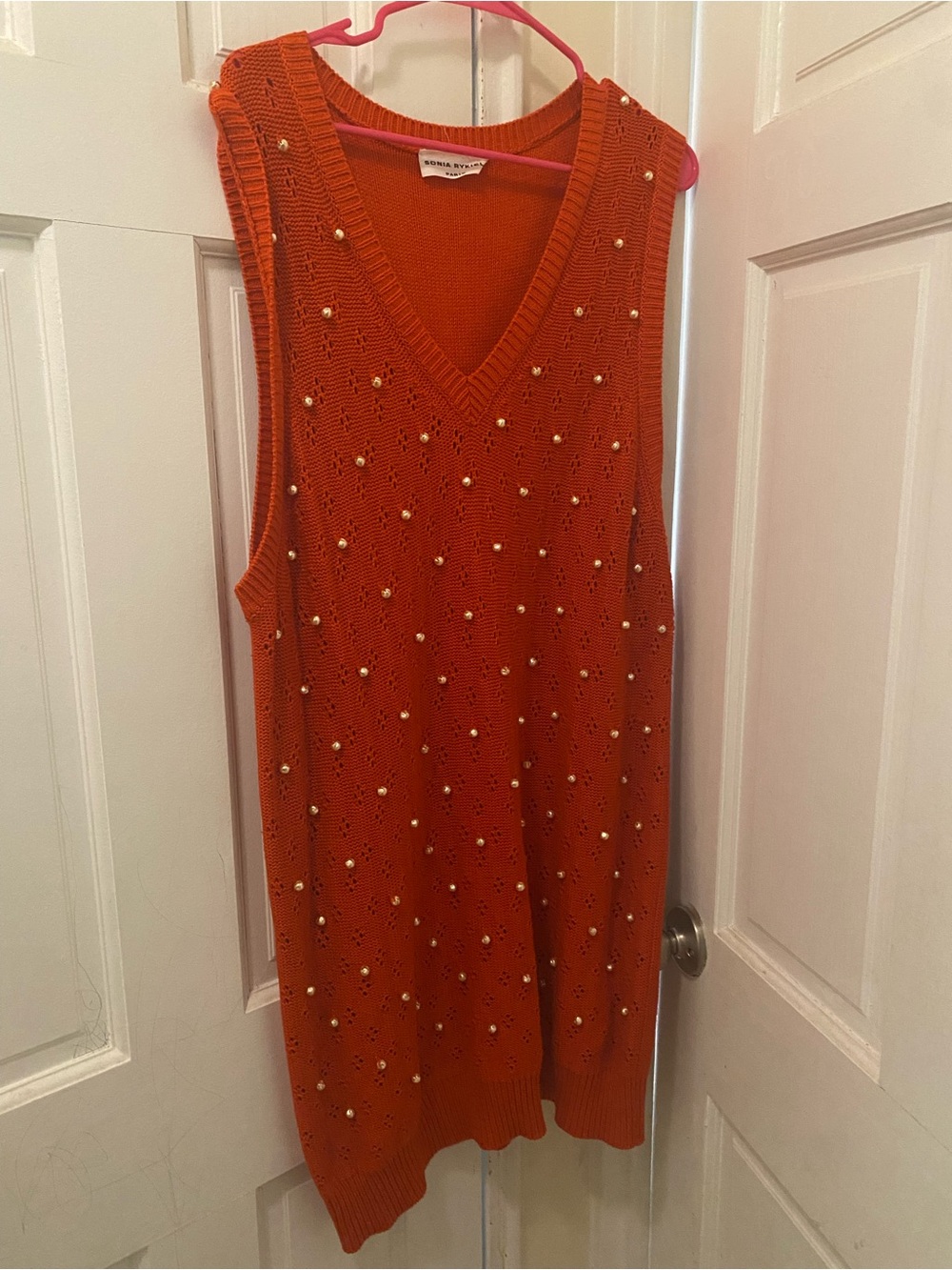 Sonia Rykiel Orange Pearl-Embellished V-Neck Sweater Vest